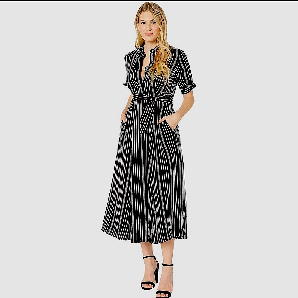 Calvin Klein Striped Black/Silver Midi Button Down Shirt Dress - Size 4 - Picture 2 of 16